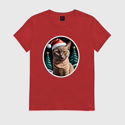 Футболка хлопковая женская Кот Бурманской породы в новогодней шапке, цвет: красный