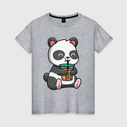 Футболка хлопковая женская Панда пьёт напиток, цвет: меланж