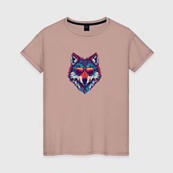 Футболка хлопковая женская Красочный волк в стильных очках, цвет: пыльно-розовый