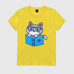Футболка хлопковая женская Читающий котёнок, цвет: желтый
