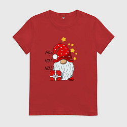 Футболка хлопковая женская Милый гном с подарком, цвет: красный