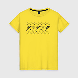Футболка хлопковая женская Геометрический узор из черных летящих драконов и с, цвет: желтый