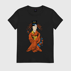 Футболка хлопковая женская Японка в юкате, цвет: черный