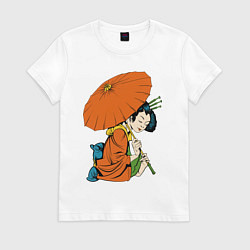 Футболка хлопковая женская Японка с зонтом, цвет: белый