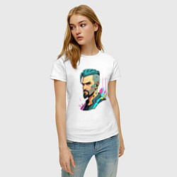 Футболка хлопковая женская Портрет мужчины с бородой Cyberpunk 2077, цвет: белый — фото 2