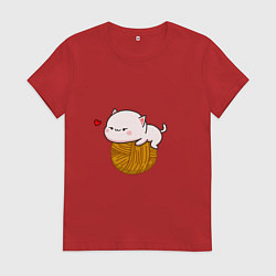 Футболка хлопковая женская Котик на пряже парная, цвет: красный