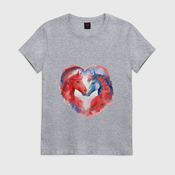 Футболка хлопковая женская Влюбленные лошади акварель, цвет: меланж