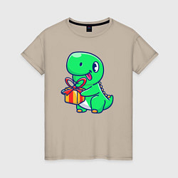 Футболка хлопковая женская Динозавр с подарком, цвет: миндальный