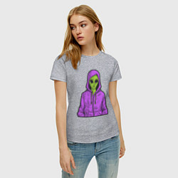 Футболка хлопковая женская Инопланетянин в худи, цвет: меланж — фото 2