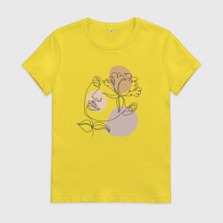 Футболка хлопковая женская Девушка с цветами лайн арт, цвет: желтый
