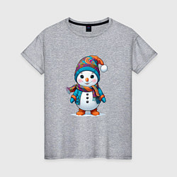 Футболка хлопковая женская Снеговик в шапочке и с шарфом, цвет: меланж