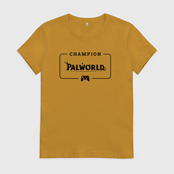 Футболка хлопковая женская Palworld gaming champion: рамка с лого и джойстико, цвет: горчичный