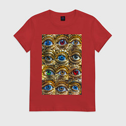 Футболка хлопковая женская Глаза разноцветные из золота в стиле стимпанк, цвет: красный