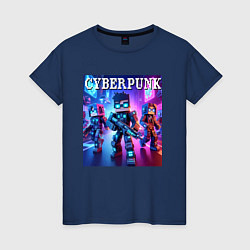 Футболка хлопковая женская Minecraft and cyberpunk - collaboration, цвет: тёмно-синий