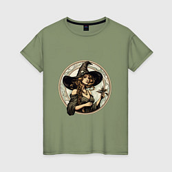 Футболка хлопковая женская Ретро ведьма в шляпе, цвет: авокадо