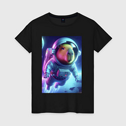 Футболка хлопковая женская Полёт капибары в космосе - неон, цвет: черный