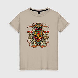 Футболка хлопковая женская Skull and mushrooms, цвет: миндальный