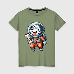 Футболка хлопковая женская Dalmatian cosmonaut puppy with a bone, цвет: авокадо