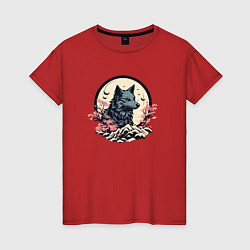 Футболка хлопковая женская Черный волк в горах, цвет: красный
