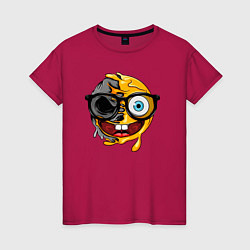 Футболка хлопковая женская Весёлый смайл в очках, цвет: маджента
