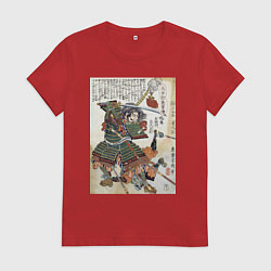Футболка хлопковая женская Самурай Фукусима Масанори: гравюра укиё-э, цвет: красный