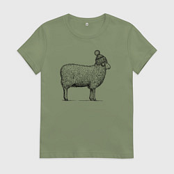 Футболка хлопковая женская Овца в шапке с помпоном, цвет: авокадо