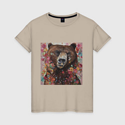 Футболка хлопковая женская Яркий медведь, цвет: миндальный