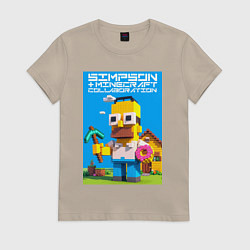 Футболка хлопковая женская Homer Simpson and Minecraft - collaboration ai art, цвет: миндальный