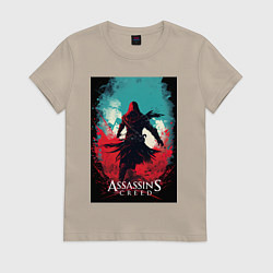 Футболка хлопковая женская Assassins creed red blue abstract, цвет: миндальный