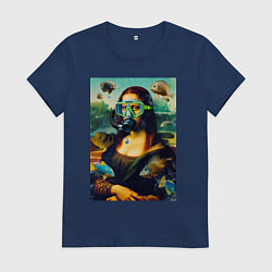 Футболка хлопковая женская Мона Лиза под водой - нейросеть, цвет: тёмно-синий