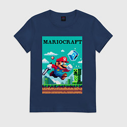 Футболка хлопковая женская Mario and Minecraft - collaboration pixel art, цвет: тёмно-синий