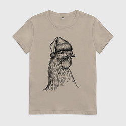 Футболка хлопковая женская Новогодний петушок, цвет: миндальный