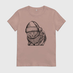 Футболка хлопковая женская Кот в новогоднем колпаке, цвет: пыльно-розовый