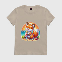 Футболка хлопковая женская Лисы на пляже пьет коктейль, цвет: миндальный