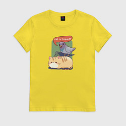 Футболка хлопковая женская Кот-хлеб и голубь, цвет: желтый