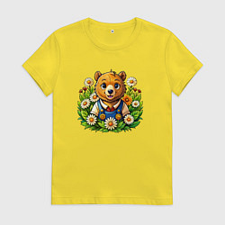 Футболка хлопковая женская Медведь среди ромашек, цвет: желтый