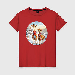 Футболка хлопковая женская Жирафы зимой, цвет: красный