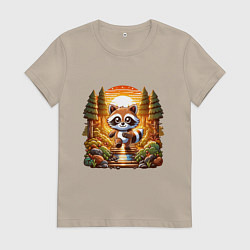 Футболка хлопковая женская Енот шагает по лесу, цвет: миндальный