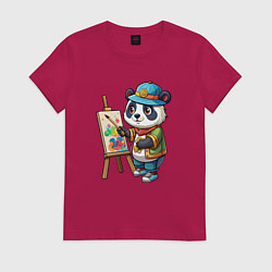 Футболка хлопковая женская Панда-художник, цвет: маджента