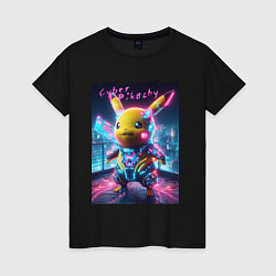 Футболка хлопковая женская Cyber Pikachu - neon glow ai art fantasy, цвет: черный