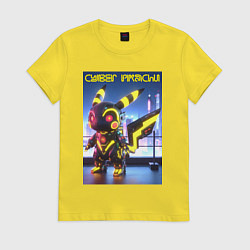 Футболка хлопковая женская Cyber pikachu - ai art neon glow fantasy, цвет: желтый