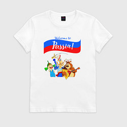Футболка хлопковая женская Welcome to Russia inscription color, цвет: белый