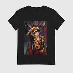 Футболка хлопковая женская Ван-Пис Луффи Монки Д арт, цвет: черный