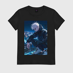 Футболка хлопковая женская Магическая битва Сатору Годзё арт, цвет: черный