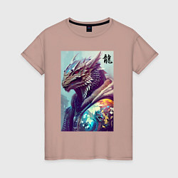 Футболка хлопковая женская Cool dragon - hieroglyph ai art, цвет: пыльно-розовый