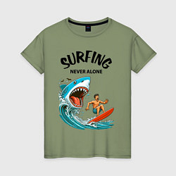 Футболка хлопковая женская Shark and surfer - never alone, цвет: авокадо