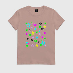 Футболка хлопковая женская Разноцветные неоновые звезды, цвет: пыльно-розовый