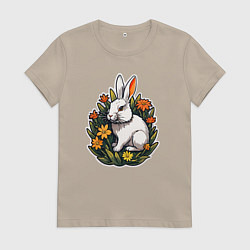 Футболка хлопковая женская Заяц и цветы, цвет: миндальный