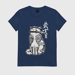Футболка хлопковая женская Кот самурай - сёто в зубах, цвет: тёмно-синий