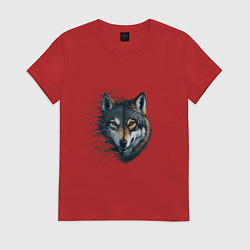 Футболка хлопковая женская Голова волка с развивающимися волосами, цвет: красный